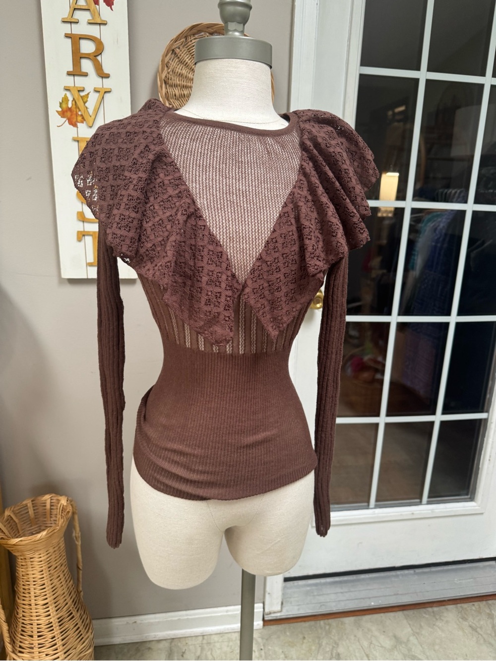 Zara Chocolate Brown Linen Blend Ruffled Pointelle Open Knit Top Sweater Medium